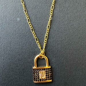 Gold Padlock Pendant Necklace with Black Crystal Accent